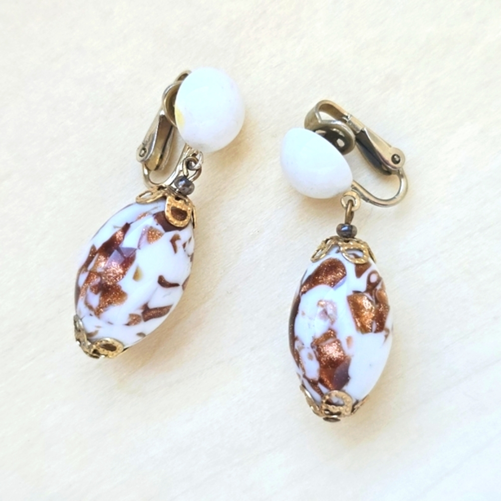 Trifari Gold and White Milk Glass Venetian Dangle Earrings